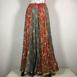 Red blue paisley maxi skirt with bells on drawstring waist hippie boho waist 28”
